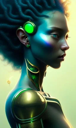 alien, girl, cute, beautiful, curly hair, black hair, green skin, brown eyes, turquoise dress, head and shoulders portrait, 8k resolution concept art portrait by Greg Rutkowski, Artgerm, WLOP, Alphonse Mucha dynamic lighting hyperdetailed intricately detailed