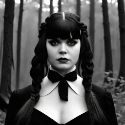 Actress theda bara as Wednesday addams, braids, bangs, in tge woods
