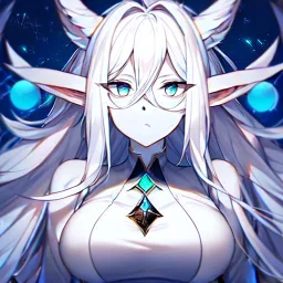 cosmic mage, elf, female, battle mage, epic, cosmic magic, long ears, white hair, face details, pale skin, jewellery, broad shoulders, sharp ears, cosmic clothes, cosmic eyes, ears shown, light out of eyes, the cosmos in eyes, stars in eyes, shining eyes, non human face, thin face, animation, detailed ears, magical eyes, non realistic, closed mouth, bigger make up, smiling face