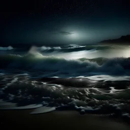 imagen que refleje un ambiente de Felicidad, en una la playa en la noche con ola de espuma que viene y que va