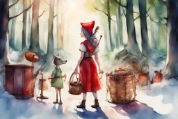 watercolor and ink, Stage, stand-up microphone, drums, guitars, speakers, forest, Hansel and Gretel, Snow White walking with Robin Hood, midwife with an iron nose, Little Red Riding Hood with a basket on her arm, wolf horn on her head in sunshine, ethereal, cinematic postprocessing, bokeh, dof