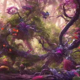 Powerful forest, giant insect, social and colective tree, synergy in life, Colective creatures, wonderful flying organisms, beauty as flower, colorful and detailed creatures, multiple species, detailed painting, splash screen, multiple complementary colors, fantasy art, fantastical and realistic landscape, intricate detail, 8k resolution trending on Artstation Unreal Engine 5