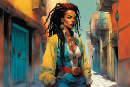 create an imaginative full body illustration of a female, ornately dressed Moroccan pirate queen with finely detailed facial features, short dreadlock hair, in the backstreets of Casablanca, in the comic book art style of Bill Sienkiewicz, Mike Mignola, and Jean Giraud Moebius, finely textured, drawn, colored, and inked