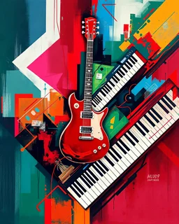 Digital artist creates a vibrant abstract painting combining a central red guitar, a diagonal keyboard, and dynamic geometric shapes. Primary and secondary colors such as red, blue, and green are used to create vibrant contrasts. Apply digital techniques for smooth transitions and defined outlines. Inspired by movements like modernism and futurism, with an energetic and symbolic approach. Resolution in JPG format, high definition, 4:3 aspect ratio. Avoid distortions and visual aberrations.