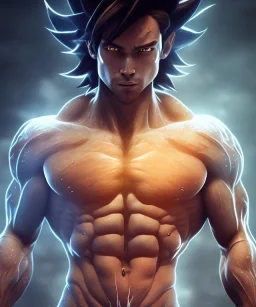 Goku, avatar style, fighting pose, muscular body, shirtless, volumetric details, hyper realism, unreal engine 5