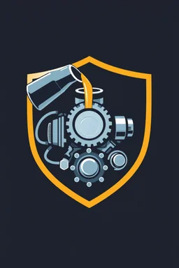 inside a shield shape, an engine icon with an oil bottle above pouring oil into the engine, vector illustration