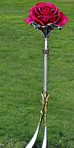 A large silver and Gold spear weapon covered in rose's and thorns, realistic, fantasy,