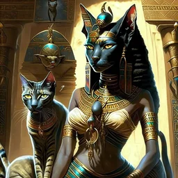 scene from Egyptian mythology. The cat goddess Bastet. She has the body of a woman and the head of a cat.