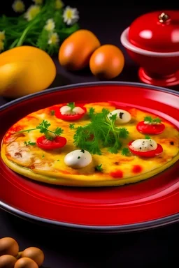 french\ omelet with champignons and cheese in a red plate