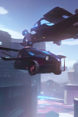 A flying car being drived by a robot between buildings in future city.