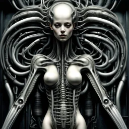 The biomechanical woman created by HR Giger, famous for his work on the Alien franchise, is a striking and surreal fusion of organic and mechanical elements. Her body is often depicted as a complex network of tubes, cables, and other mechanical components seamlessly integrated with her human form. The result is a truly unique and unsettling creature that blurs the line between man and machine. Giger's biomechanical women are often depicted in a state of eerie calm, their features an unsettling m