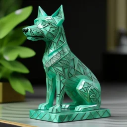 A mint colored crystal elemental dog designed in Hawaiian tiki statues painted by Victory Vasarely