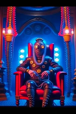 portrait of tron robot holding lotsa phones octopus chatbot smoking a sigar on a throne in medieval castle, smoke, 4k, downlight, soft light, depth of field, photorealism