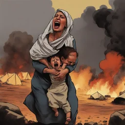 A Palestinian woman wearing the Palestinian dress carries her dead son as she screams and cries at night, with explosions in refugee tents behind her.