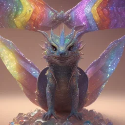 a baby dragon made of crystals and gems, glittery scales, iridescent wings, muted rainbow colors, intricate, stunning, fine detail, 8k, sharp, crisp, high-quality, 3d octane render, detailed matte, brian froud, howard lyon, selina french, anna dittmann, lisa parker, greg rutowski, alphonse mucha