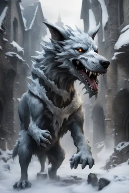 frost hellhound with five heads in ruins of medival town