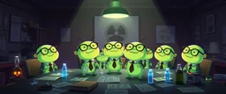 A group of glowing, cartoonish uranium creatures in a dimly lit boardroom, wearing tiny suits and glasses, with playful but slightly mischievous expressions. Their bodies emit a soft greenish glow. The room is filled with scattered papers, glowing vials, and miniature nuclear reactors. Style: whimsical digital illustration, cinematic lighting, colorful, slightly exaggerated features, playful yet mysterious atmosphere.