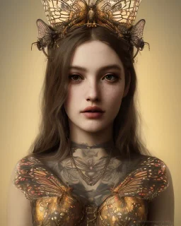 upper bust portrait, the queen of butterflies, corset, intricate metal work flower crown, butterfly wings on back, 8k resolution concept art, dynamic lighting, intricately detailed, hyperdetailed, beautiful, ethereal, elegant, golden hour, (butterfly), gothic