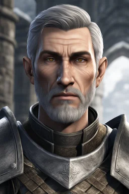 An old male imperial legion soldier from Skyrim with brown eyes, short gray hair and a light beard, Roman Legion armor