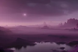 Purple alien sky, rocky river, science fiction landscape