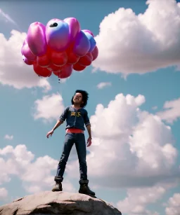 Ultra realistic clouds sky scene, medium shot view, portrait, sweet Childs, free jumping flying, trinkets, monster hair, jelly beans, smile, happy, Wes Anderson style, inflatable color clothing, extreme, wind, clouds sea, 20,000 feet altitude, stratosphere, soft color, highly detailed, unreal engine 5, ray tracing, RTX, lumen lighting, ultra detail, volumetric lighting, 3d, finely drawn, high definition, high resolution.