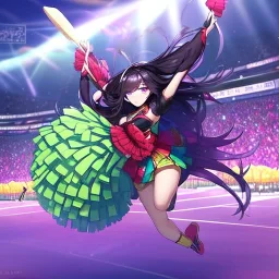 Clear focus,8k,Beatiful Lighting,Beatiful Blur,Beatiful Face,Beatiful Shading,Black long hair,silky hair, long silky bangs, Purple eyes, wearing a cheerleading outfit, Jumping, happy