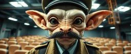 anime, airbrush and pen outline, french art mustache , extreme close up on cheeky fluffy weasel goblin alien military prison guard news anchor elf family scumbag in the style of Escher and Giger and Fallout 4, pinhole cam, airbrush 3d rendering, on tv screen:A five-second cinematic single take in a clean industrial presentation hall.
