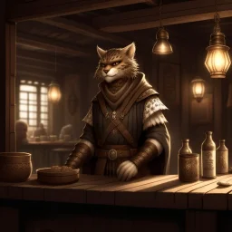 A khajiit with brown spotted fur in a medieval fantasy tavern dressed in rags