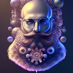 bearded man head with feathers, spheres, cubes, gears, clocks, engine parts, exhaust pipes, fur, peacock feathers, mechanism, in the style of Android Jones, gradient, bioluminescent, rococo, photorealistic, intricate details, 8k, purple and gold, digital painting, top light, illustration, trending on artstation