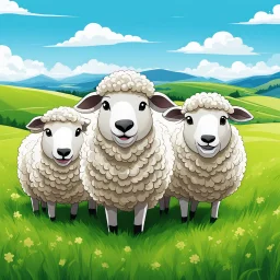 create an image with 4 sheep with the typography, happy face "sheep of faith", 2d, cartoon style, chibbi, kawai, a green field and blue sky in the background