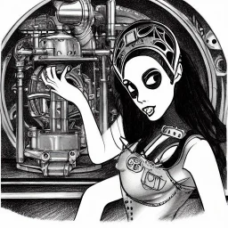 great illustrator, spanish, pencil sketch of a cute girl, beautiful, steampunk syle, black and white. Helmet with tubes. venetian mask. Machinery in the background. talking to a robotic bird. High details.