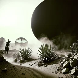 A striking quality Kodak photograph captures a wasteland with monsters and group of plants, creepy, details of the dust very accentuated, glossy organic mass, adorned with minerals and rocks. Bathed in intense light, eerie, Max Ernst style, black sun, fog