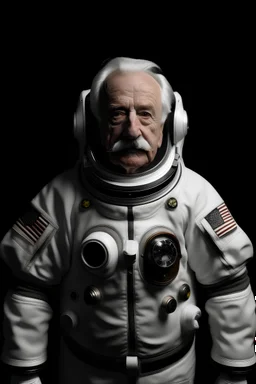 homme âgé de 70 ans moustache blanche en tenue d'astronaute debout en blanc fond noir