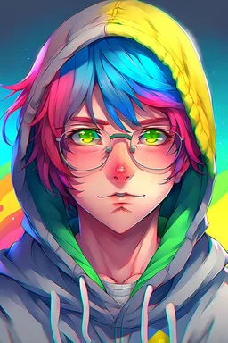 Anime man with glasses, messy rainbow hair, wearing a hooded sweatshirt, realistic