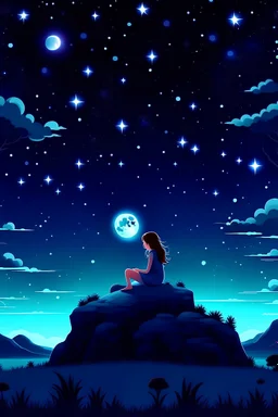 a girl sitting on top of a moon next to a tree, night time with starry sky, night under the starry sky, falling star on the background, dream scenery art, the moon and stars, girl in space, moon and stars, star(sky) starry_sky, moon and stars in night sky, anime beautiful peace scene, shooting star in background