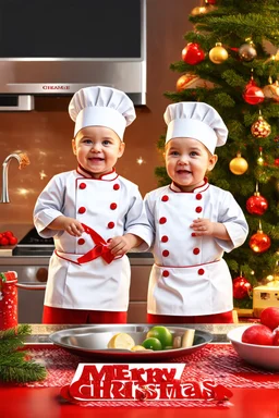 Hyperrealistic 3D images of beautiful 18-month-old babies dressed as chefs in a kitchen with a Christmas atmosphere, dancing and wishing a "Merry Christmas".