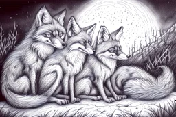 As twilight descends, the foxes awaken. Known for their sly and clever nature they prepare for their nocturnal adventures. - Pencil drawing.