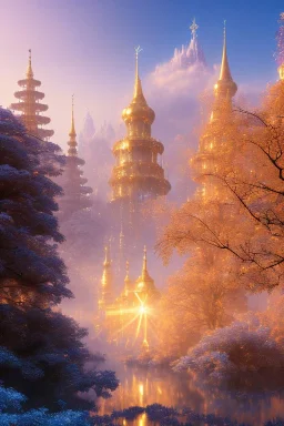 landscape, city of the elves, rose, gold, very blue sky, crystal domes, glistening oiled shiny, intricate, Exquisite details and textures, highly detailed, digital painting, artstation, concept art, sharp focus, nature background, illustration, 8k, by stability ai, nvidia