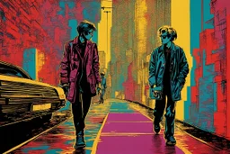 classic painting of a cyberpunk colourful walkway with two people making an exchange in the city with pollution by andy warhol