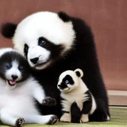 a puppy playing with a kitten and a baby panda