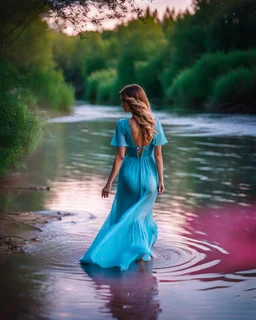 beautiful girl in pretty pink -blue dress walking in water toward camera in trees next to wavy river with clear water and nice sands in floor.camera capture from her full body front, spring blosom