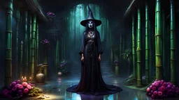 full-body shot of an insatiably evil black opal iridescent pearlescent dark witchy bamboo island apothecary room, eerie, witchy art on walls, flowers hanging from marble bamboo columns, colorful macabre, Dariusz Zawadzki art style, liminal spaces, horror art, dark gaming background, wet, glossy, horror art, trypophobia, eerie, intricate details, HDR, beautifully shot, hyperrealistic, sharp focus, back lit, 64 megapixels, perfect composition, high contrast, cinematic