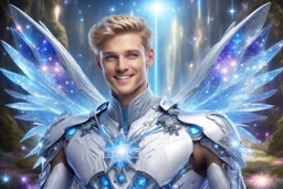 cosmic bionic beautiful men, smiling, with light blue eyes and long with platinum suite and crystal wings, in a magic extraterrestrial landscape with coloured fairy forest stars and bright beam