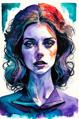 "conviction" is a watercolor inspired by cool tones of violet, teal blue, cobalt blue, eggplant purple, and red; lowbrow surrealism; Golden Hour; Exquisitely Detailed