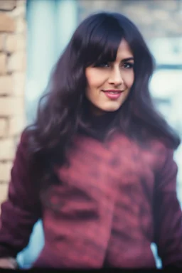 a woman standing in front of a brick wall, home video footage, persian rug, may 6 8, black bangs, waldo in the top right of frame, in a village street, of an beautiful girl, photo still of behind view, 1 female, old footage