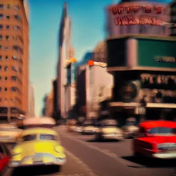 Picture 1950's street life, people, New York, very blurry, abstractism, colours, strong texture, 3d, chaotic