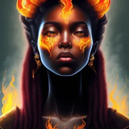 3D. Detailed Painting .realistic. Dark skin women. Beautiful. the faces of two young black women. Warm. Fire nymphs emerging from the flames.red.. Energy. Focus. THeir hair looks like smoke .smoke curling. Dreadlocs. Their skin is the colour of charcoal . Their hair moves like smoke. . their clothing is made of flames, red. Orange. Yellow. White and gold