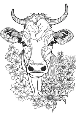 Outline portrait of cow and background fill with flowers on white paper with black outline only