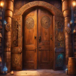 Half opened massive wooden door with lots of engraved magical symbols that is the entrance to a hidden magical market. Magical smoke coming out of the door opening. Harry Potter. Magical. Epic. Dramatic, highly detailed, digital painting, masterpiece
