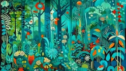 A cyan rainforest with poisonous plants designed in German folk art painted by Wassily Kandinsky